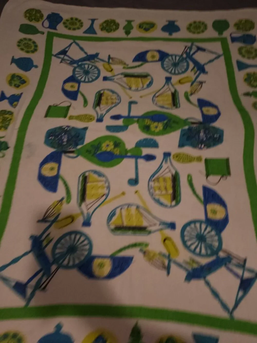 Vintage MCM Kitschy Kitchen Fabric Spice Vegetables Blue Green Brown Table Cloth